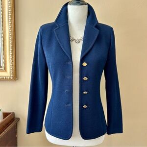 St. John Navy Blue Santana Knit Short Blazer Jacket Logo Buttons Size 2